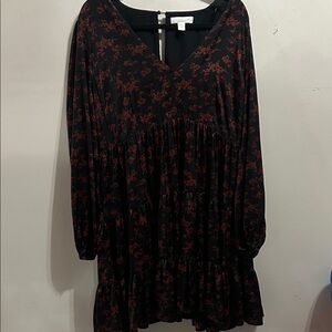 Treasure & Bond Black Long-Sleeve V-Neck Dress with Rust Floral
